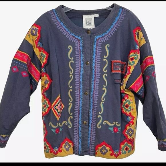 Together! Sweaters - Vintage 80s Together Lightweight Jacket Cotton Slate Blue MultiColor large